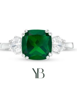 Anillo de tres piedras con doblete de Cuarzo verde 8,0 mm y Zafiro blanco de 4,0 mm en plata