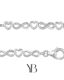 Brazalete de infinito y corazón alternado con detalles de diamantes en plata esterlina.  18.4cm