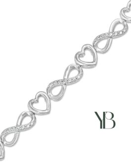 Brazalete de infinito y corazón alternado con detalles de diamantes en plata esterlina.  18.4cm