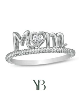 “Mamá” anillo torcido en forma de corazón en plata con detalle de Diamantes